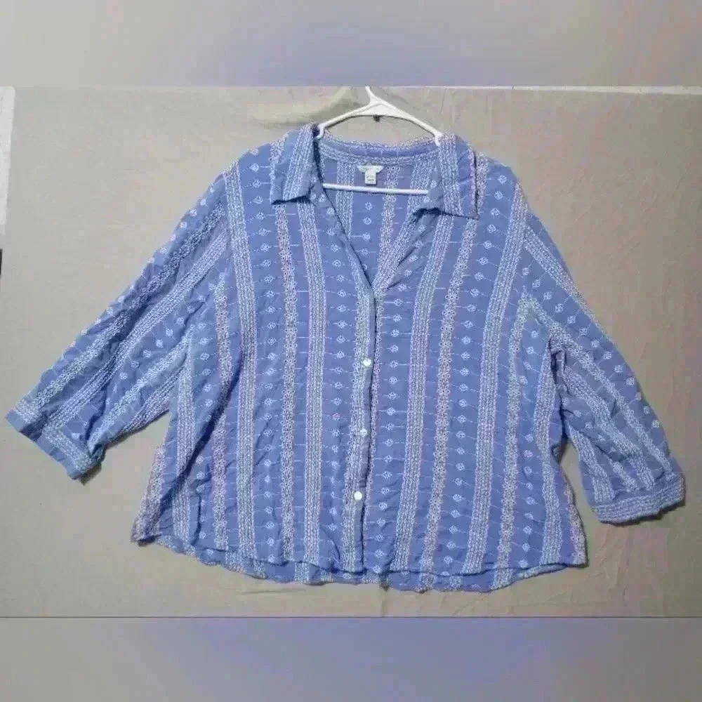 Cato Est 1946 Eyelet Blouse Button Down Blue Women's Sz 26/28 Coastal Grandma